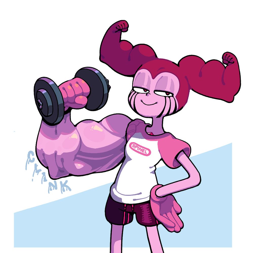 Spinel lifting the dumbbell with a flex which seems to instantly generate gigantic muscles in her arm. Her hair also seems to be flexing.