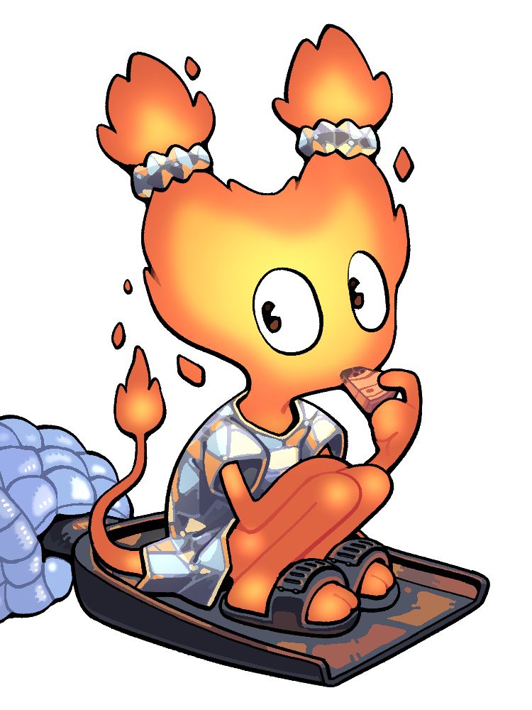 A little fire demon girl--more fire than demon or girl, really--wearing an aluminum dress and gnawing on a piece of wood as she sits on a coal shovel held by a padded glove.