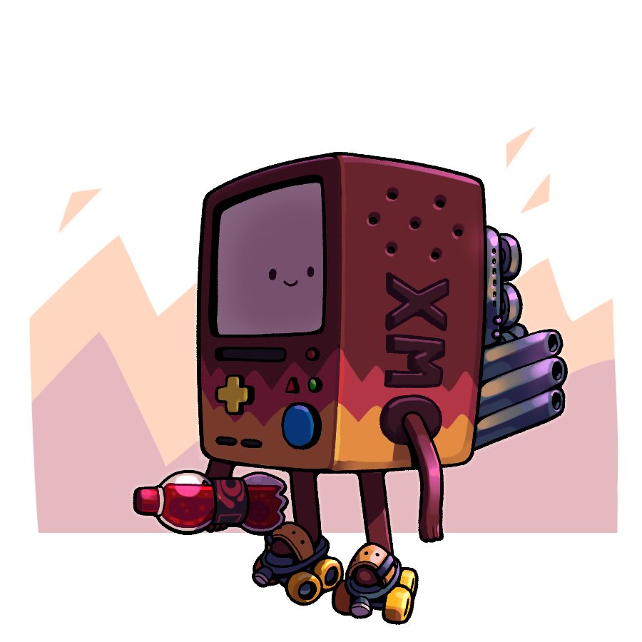 BMO with flame decals and a visible engine with exhaust pipes coming out of his back, holding a red soda and wearing roller skates.