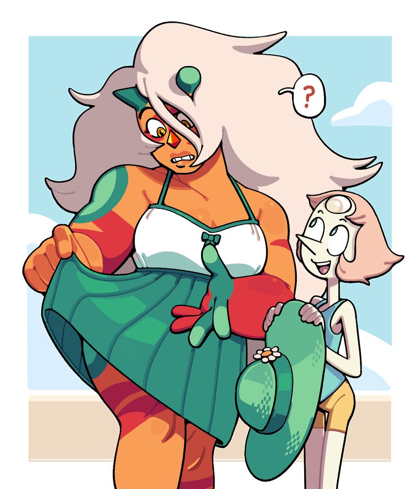 Jasper wearing a short sundress, plucking at its skirt in confusion as Pearl stands nearby with a sunhat meant to accompany the ensemble. 