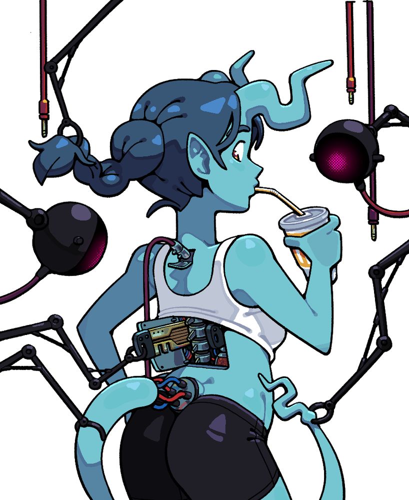 A demon girl having her maintenance hatches opened for routine repairs and assessment, revealing a metallic spine and other mechanical parts as robotic eyes seek out potential issues. Meanwhile, she sips at a soda.