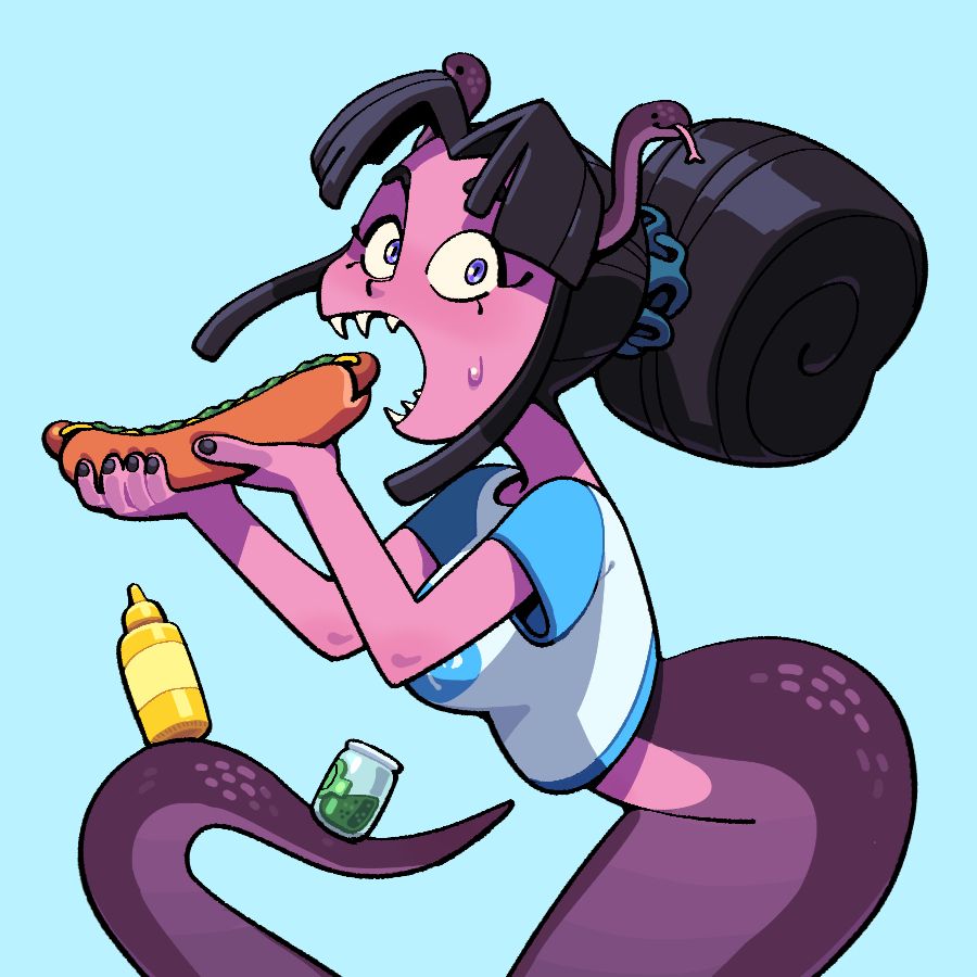 A demon girl with a snakey lower body and snakes for horns looks at the viewer, shocked, as she prepares to eat a hot dog whole.