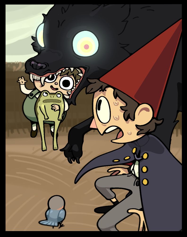 Greg, Wirt, and Beatrice from Over the Garden Wall, with Greg having his head being gnawed on by a very spooky and wild-eyed dog as wirt reacts with shock.