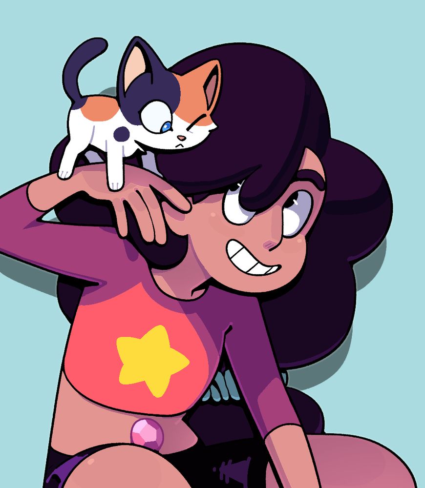 Stevonnie holding up a hand with a kitten balancing on it.