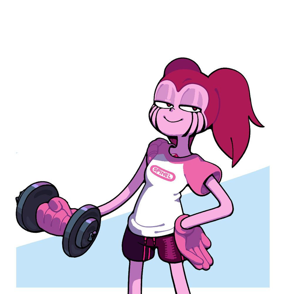 Spinel in casual garb smugly holding a dumbbell.