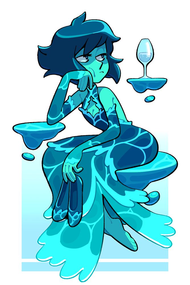 Lapis Lazuli in a fancy dress resembling layers of waves, looking bored as she rests on cushions of water, a glass of effervescent liquid held by another floating surface.
