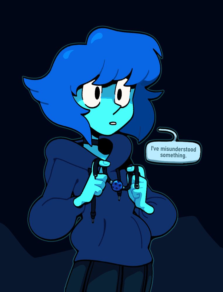 Lapis Lazuli, also in casual garb, holding a ball gag while saying, "I've misunderstood something."
