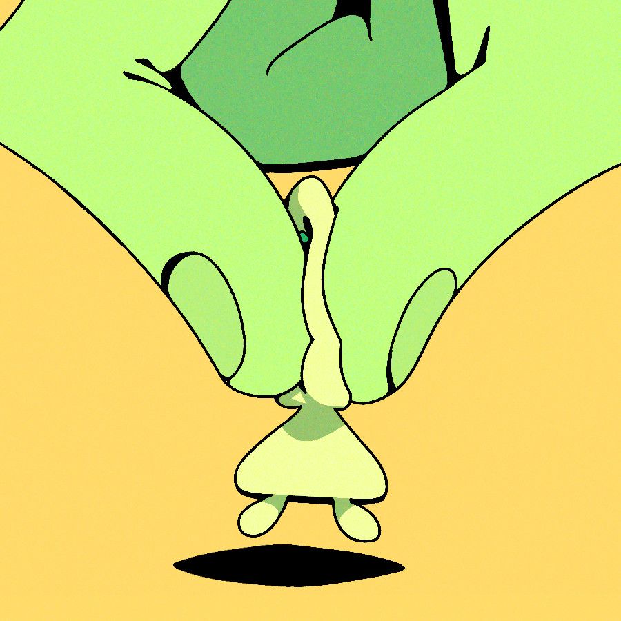 A tiny, blobbish Peridot having her head squished like some gum.