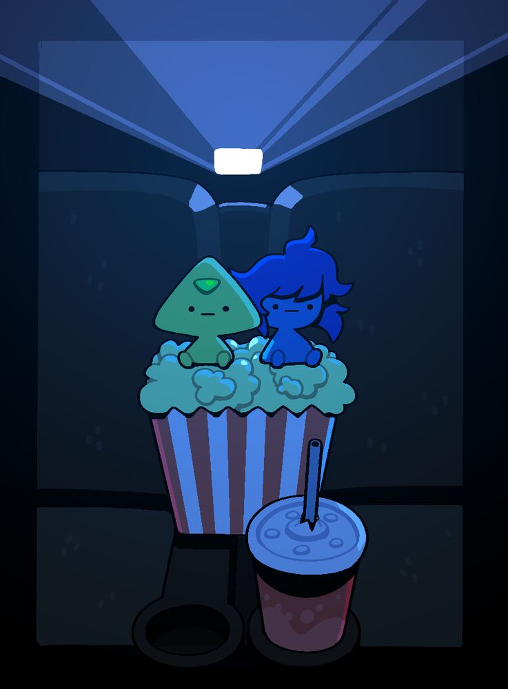 A tiny, blobbish Peridot and a tiny, blobbish Lapis Lazuli at a movie theater, sitting on top of a bucket of popcorn set on the arm-rests between two seats.