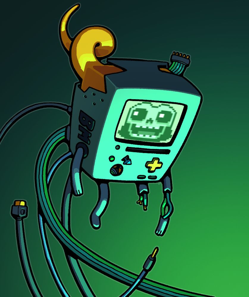 A lich possessed BMO, a golden horn breaking free of his casing and a pixelated lich face on his screen, all held aloft by animate cables.