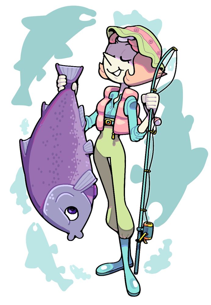 Pearl in pastel fisherman's garb smiling smugly and hefting a Amethyst, who is shapeshifted into a large fish.
