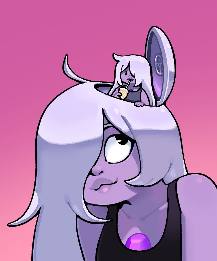 Amethyst smiling up at a little Amethyst who has emerged from a hatch in her head.