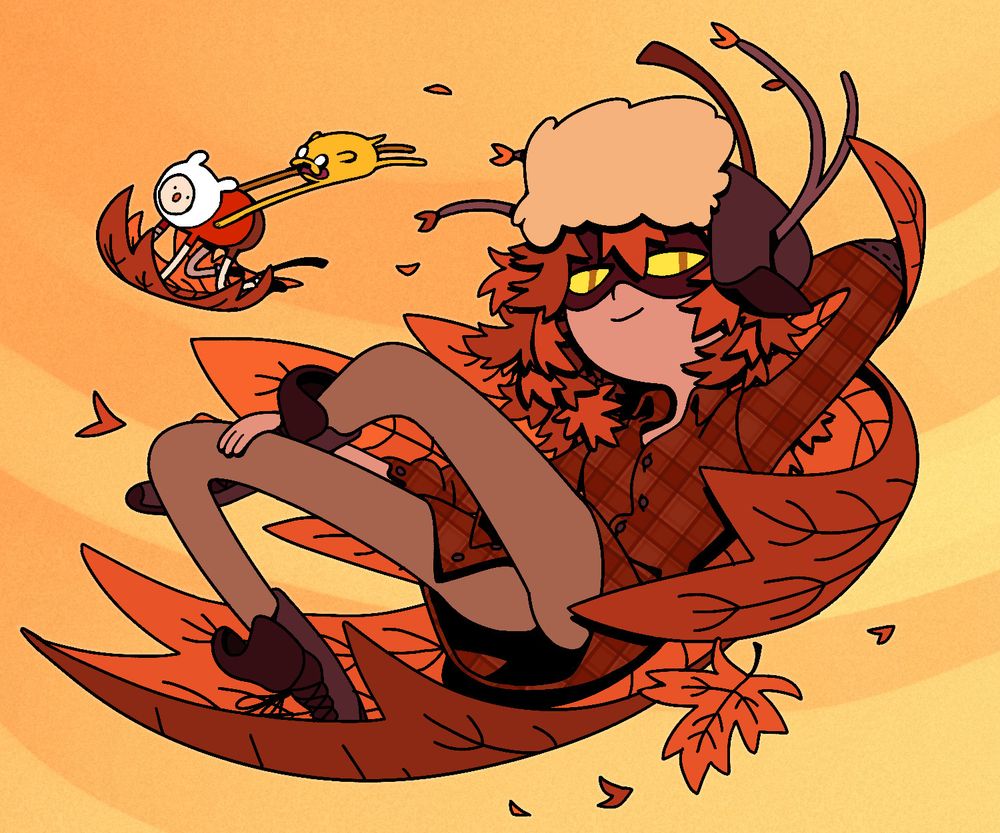 Huntress Wizard, Finn, and Jake, all being ferried on giant autumnal leaves blown by the wind, with Huntress Wizard lounging in seasonal clothing while Finn and Jake cling on for dear life.