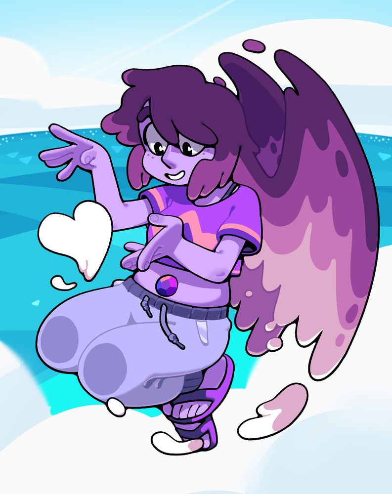 A purplish Steven and Lapis fusion with hair that extends into wings, each layer of fluffy feathers growing lighter until the last are drifting off as cloud matter. The fusion themselves is wearing a purple t0shirt which combines elements of Steven's shirt and Lapis' top, plus some sweat pants, and is shaping a cloud into a heart with a hand.