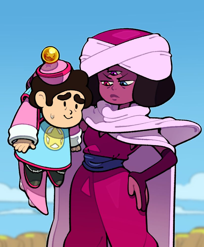 A glaring three-eyed Garnet, dressed as Piccolo from Dragon Ball, hoisting a Steven dressed as kid Gohan by the scruff of his shirt.