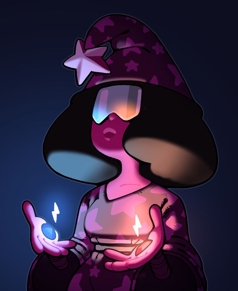 Garnet as a wizard, with a pointy hat tipped with a star drooping towards her glasses, hands holding little bolts of lightning which shed orange and blue light respectively.