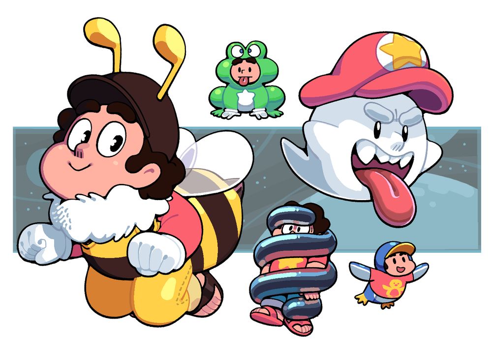 A variety of Stevens in costumes (and forms) associated with power-ups from Super Mario--as a bee, as a ghost, as a frog, as a penguin, and even trapped within a spring.