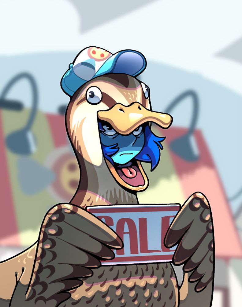 A grumpy looking Lapis Lazuli in a duck costume, holding a "SALE" sign and wearing a Fish Stew Pizza baseball cap.