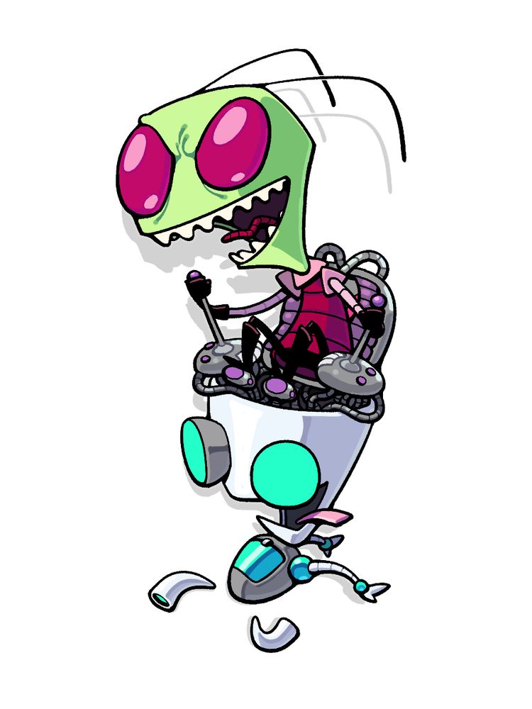 Invader Zim sitting in a pilot's seat emerging from Gir's head, his hands on controls as his robotic companion jogs forwards gormlessly.