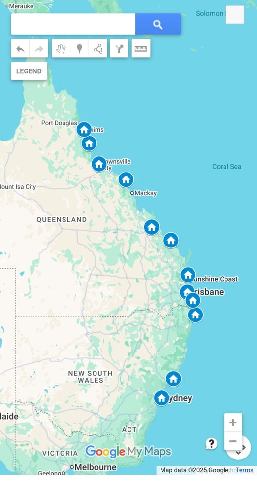 A custom Google maps showing the stops I made on my road trip from Sydney to cairns in Australia