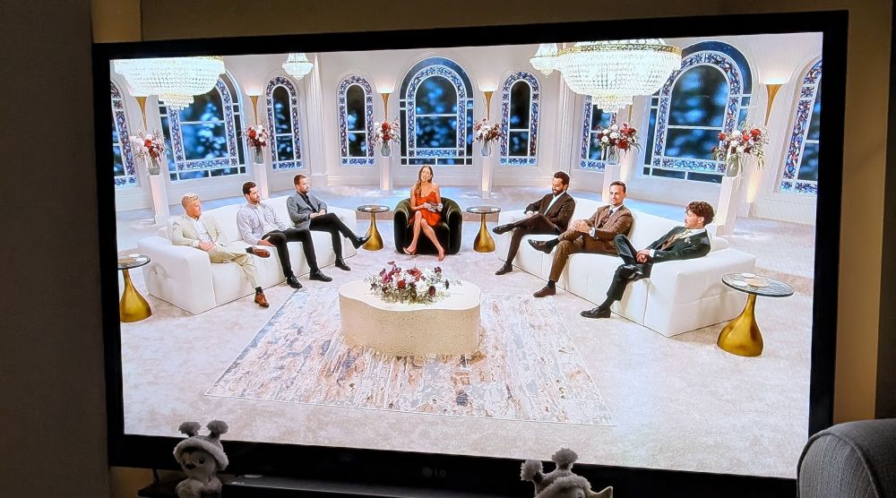 The secret lives of Mormon wives reunion set but it's just the husbands sitting on the sofas