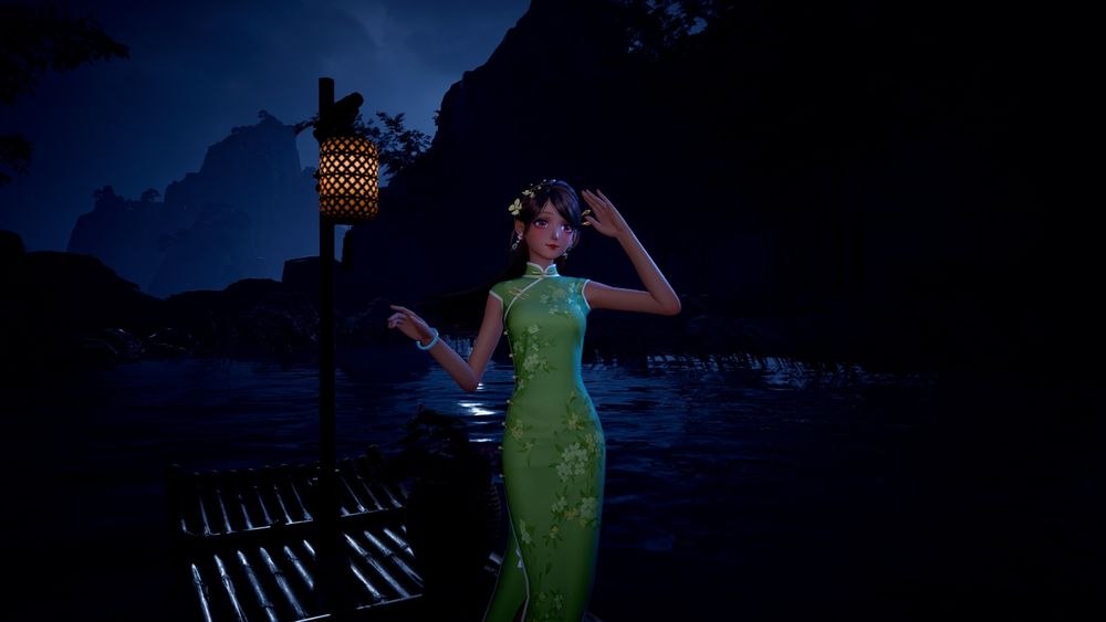 Nikki on a bamboo boat at night, she is wearing a green Cheongsam dress