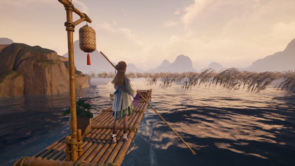 Nikki on a bamboo boat