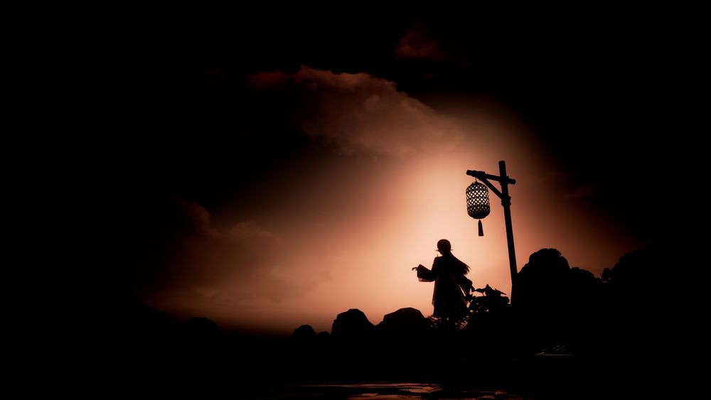 A silhouette of Nikki on a bamboo boat looking into the distance, the sky is a reddish colour