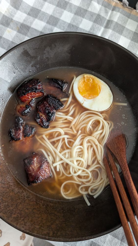 Pork belly ramen with half a boiled egg