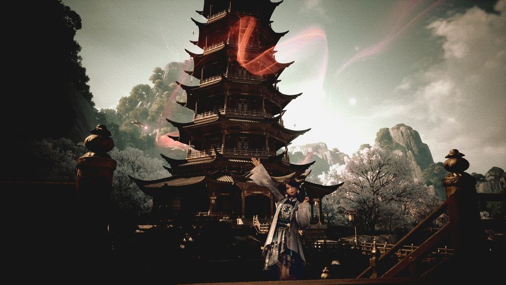 Nikki posing in front of the Loong Pagoda - the filter makes it look an old photo