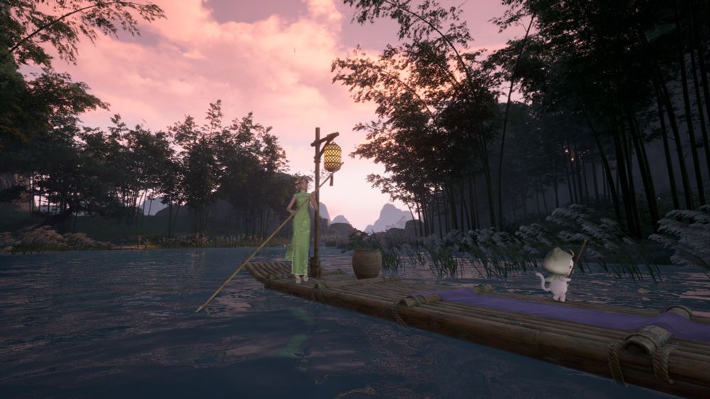 A wideshot of Nikki rowing the bamboo boat in the early morning - she is wearing a green Cheongsam dress