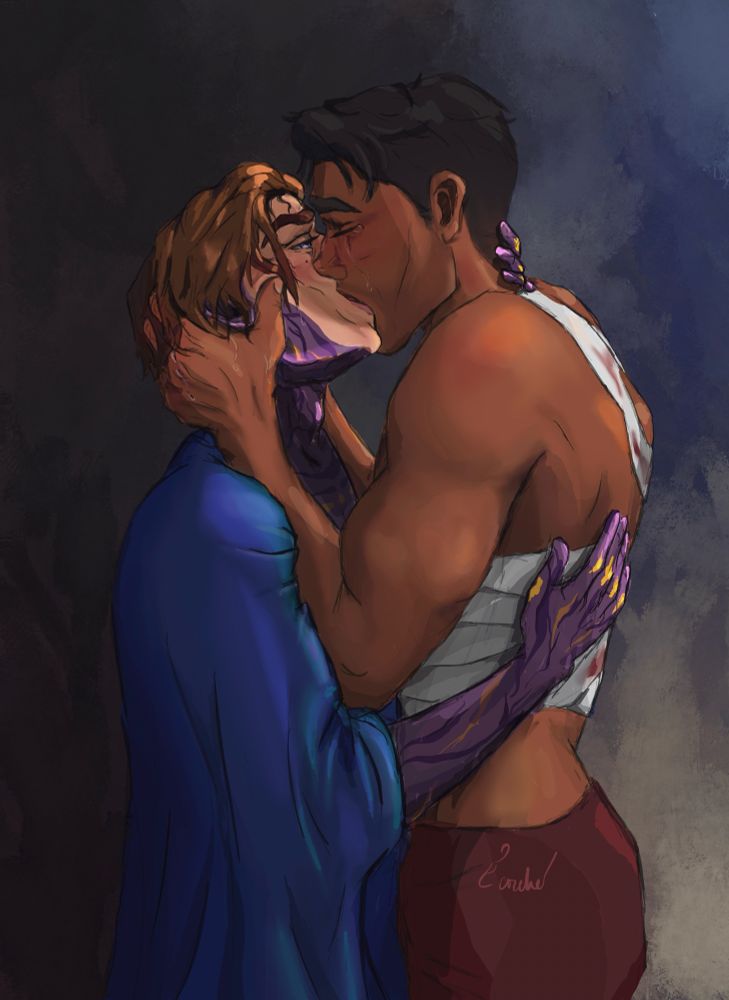 digital drawing/painting (?) of jayce and viktor from arcane at the beginning of S2 after viktor emerges from the hex cocoon. they are kissing, jayce’s hands cradling viktor’s jaw, his shoulders lifted and his eyes squeezed shut, a tear streaking down his cheek. viktor’s eyes are slightly open, watching jayce while his hands gently rest on jayce’s bandaged back and neck. the lighting is soft and warm, jayce’s back to the source and viktor in his shadow. viktor’s body is purple and hexcorized, his hair is wet and dripping onto jayce’s hand, and a blue blanket is draped over his shoulders.