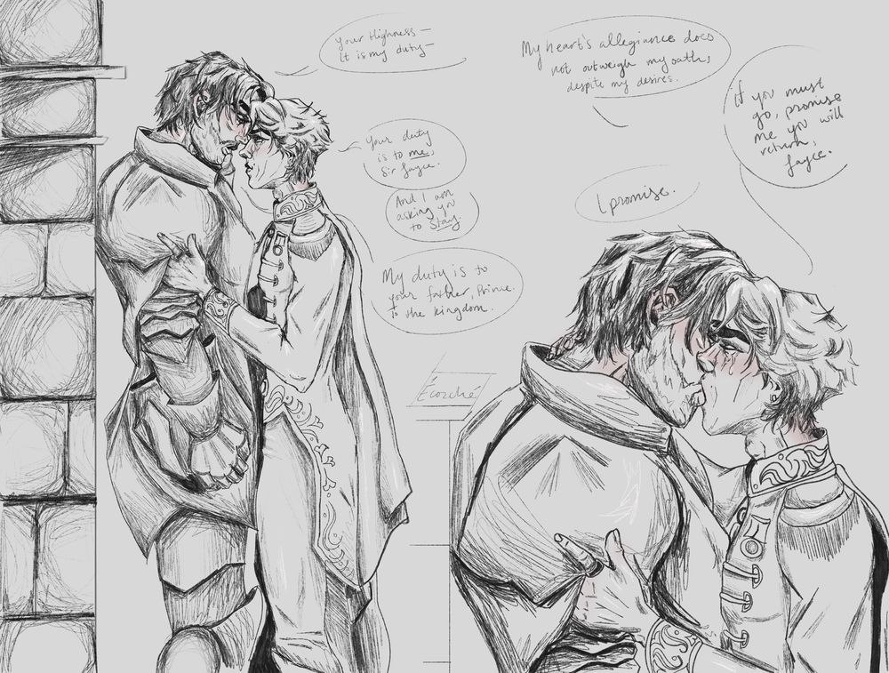 jayce and viktor from arcane in a knight AU where Jayce is summoned to some kind of dangerous mission and prince viktor asks him not to go. black and white sketches with jayce in armor and viktor in a regal princely outfit. jayce says he must fulfill his duty no matter how badly he wants to stay, and viktor kisses him.