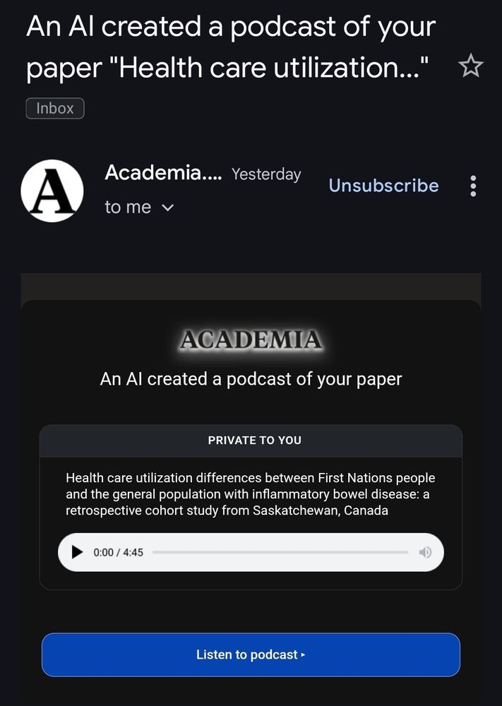 Email saying "An AI created a podcast of your paper "Health care utilization..."