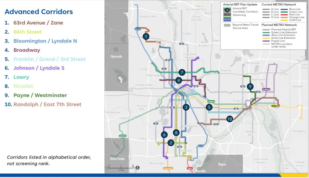Map showing the 10 advanced corridors to be evaluated for future arterial BRT: 63rd Avenue/Zane, 66th Street, Bloomington/Lyndale, Broadway, Franklin/Grand/3rd Street, Johnson/Lyndale, Lowry, Nicollet, Payne/Westminster, Randolph/East 7th Street