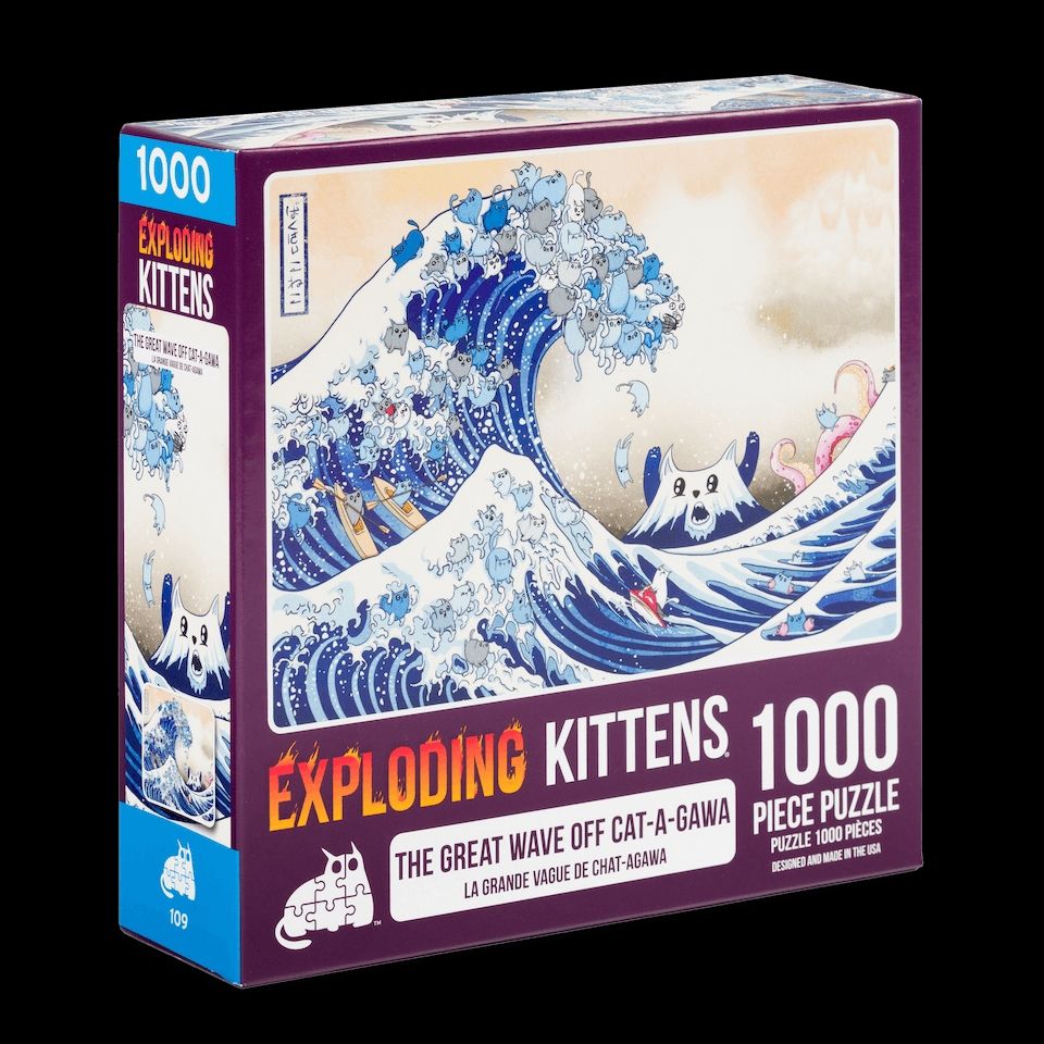 A jigsaw puzzle of the Great Wave of Kanagawa by Hokusai... but with cats on boats, jet ski, in the wave and a cat for Mt. Fuji.