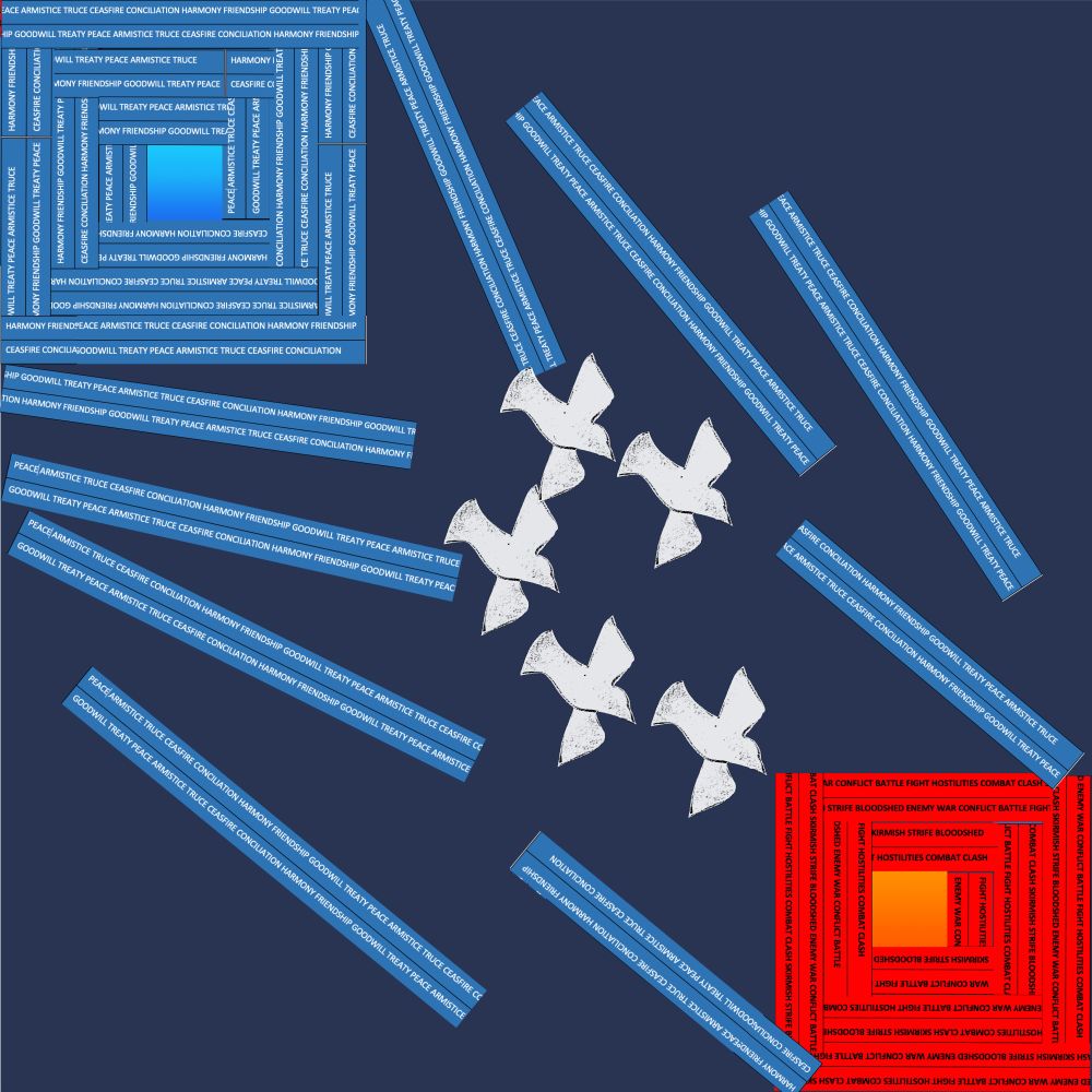 Log cabin in the top left built from blue strips of peace words. Blue strips and doves flying to the bottom right to a log cabin built from red strips of war words.