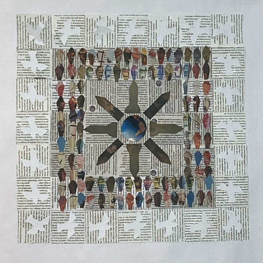 Square newspaper collage  Earth at centre with eight radiating rockets. Surrounded by a square made up of small coffin shapes. Outer frame has 24 white doves circulating the block. 