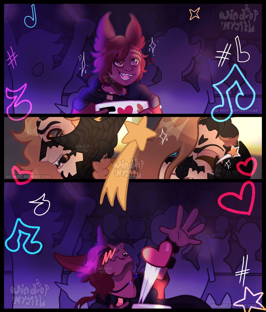 A four panel comic featuring characters from the video game Final Fantasy 14 in an alternate setting.

Panel one shows an excited G'raha Tia as he stares up in amazement, a crowd cheering behind him.

The second panel shows Zag Cynren singing looking off into the distance on a vauge background.

The third panel follows Zag as he turns to wink toward the viewer, which in the fourth panel reveals he was winking at G'raha, who is now keeling over from excitement with a comical heart popping out of his chest.
