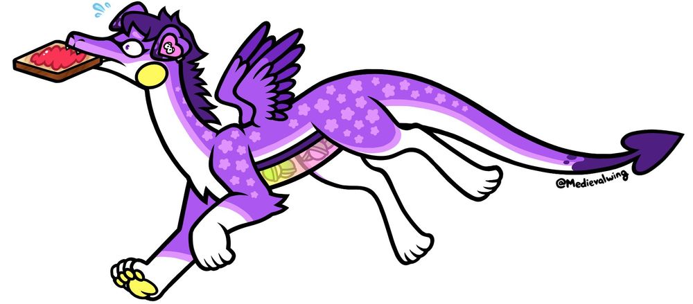 Viola, a Gachagon (a closed species based on dragons and gachapon machines). She is sprinting quickly with a worried look in her eyes and sweat emanating from her forehead. Her clip-on earring also displays a similar expression. In her mouth is a piece of toast with strawberry jam spread on top.