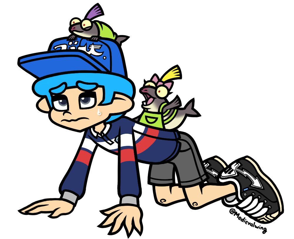 Ceru Lazuli, an Octoling fan-character from the Splatoon series. He is on all fours, with a reluctant and exasperated expression. His Smallfry companions, Bitty and Munchie, are riding on top of him like a horse. They both have excited expressions.