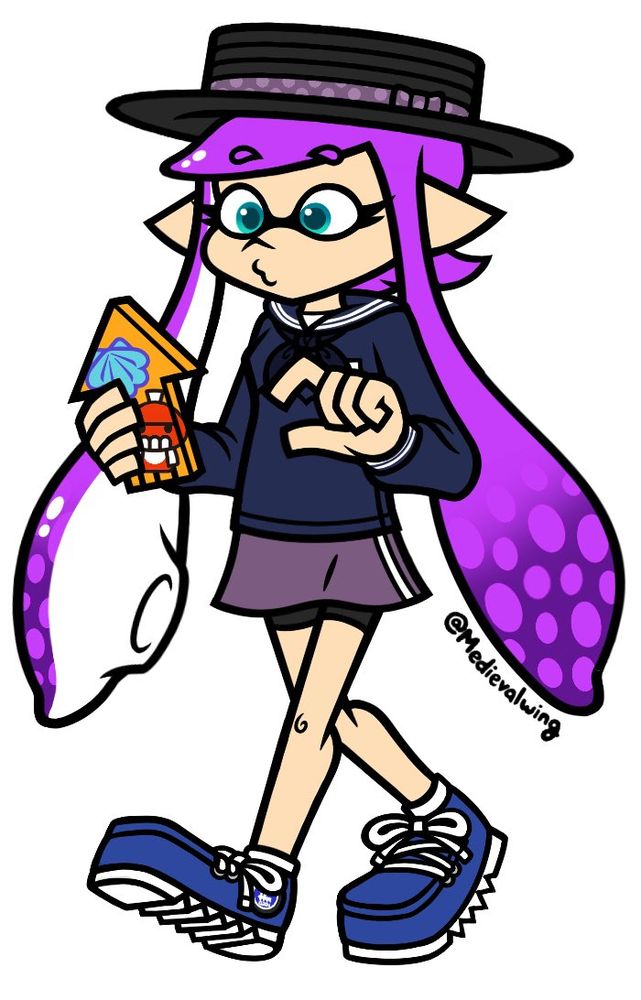 Lilac Dahlia, an Inkling fan-character from the Splatoon series. She is walking with her phone in hand, with an idle expression. Lilac's attention is focused on the phone as she browses through it.