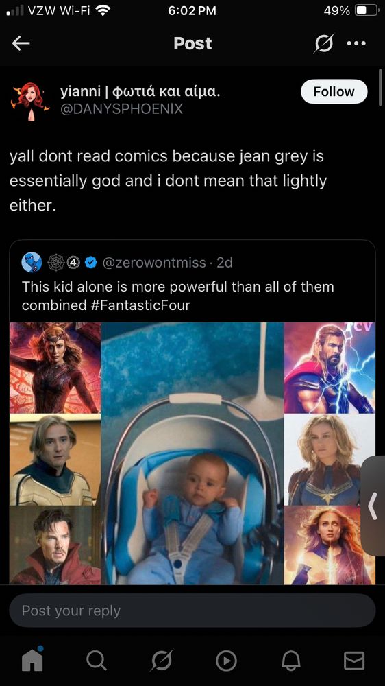 a quote tweet saying “y’all don’t read comics because jean grey is essentially god and i don’t mean that lightly either”