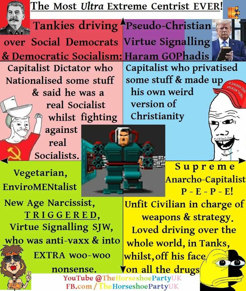 Adolf Hitler the most Ultra Extreme Centrist ever as a political compass meme.

He was a Far Left enemy of real Socialism,
Far Right White Supremacist Imperialist,
New Age Narcissist embarrassment to Spirituality while also selfish and unstable.
A key feature of Anarcho-capitalists they find hard to hide.
Also eminently unfit to be in charge of his own campaign.

Reminds me of Putin