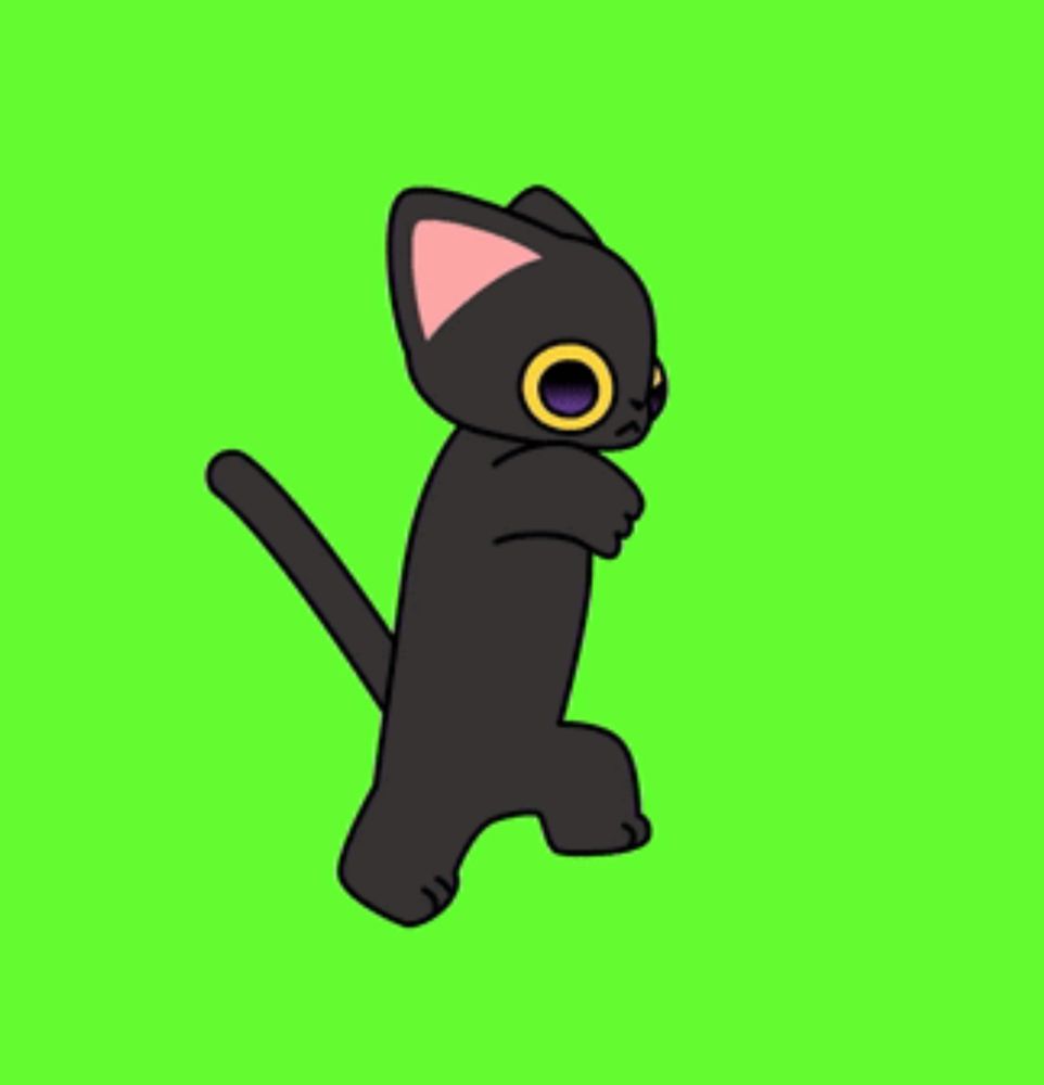 a black cat with yellow eyes is dancing on a green screen