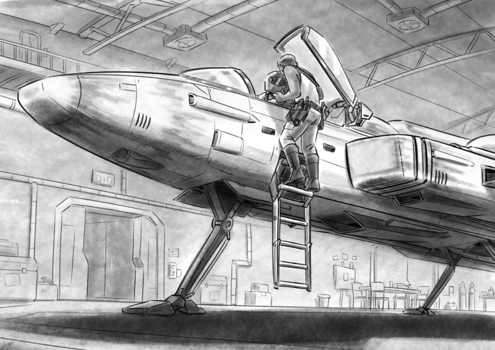 Greyscale illustration. It shows the front of Ace's ship in a hangar. Ace is sitting in the cockpit, and an alternate version of Lister is standing on a folding ladder next to him, planting a kiss on Ace's helmet.