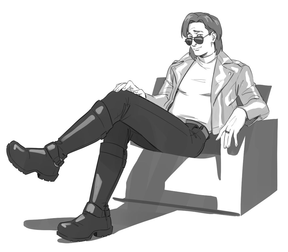 Greyscale drawing of Ace Rimmer sitting in an armchair looking smug. He's wearing a shiny leather jacket reminiscent of his flight suit. 