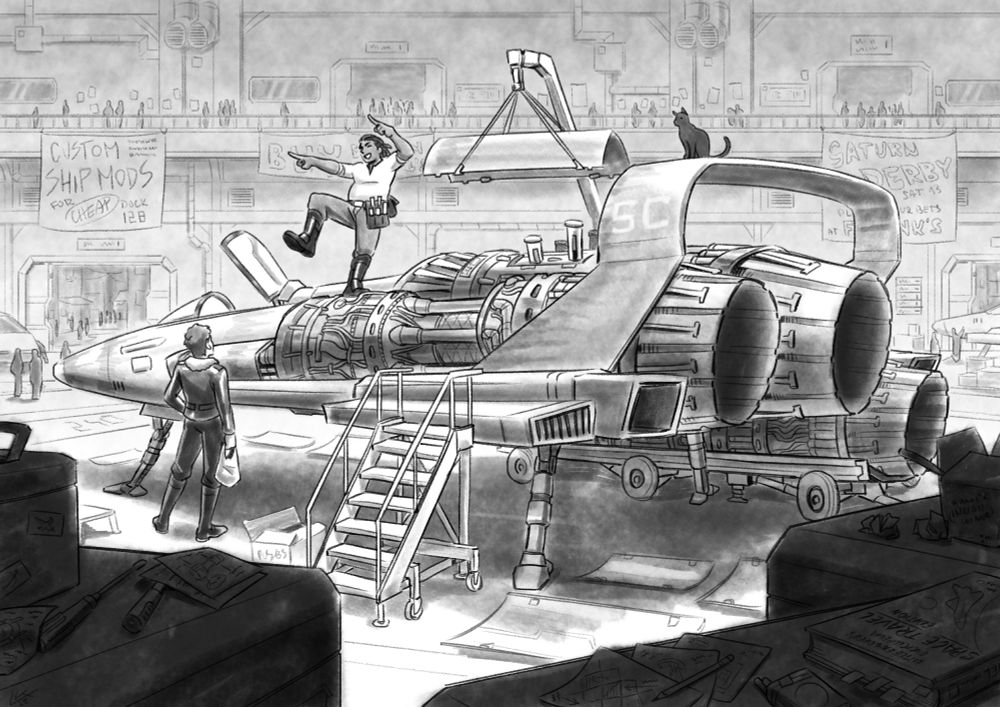 Greyscale illustration. Ace's ship is parked in a busy hangar, its engines stripped of their covers. An alternate version of Lister is standing on its wing, dancing, while Rimmer-as-Ace stands beside the ship, looking at him with an annoyed hand on his hip. 
