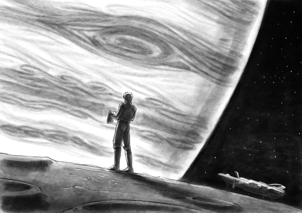 Greyscale illustration of Rimmer-as-Ace standing on the surface of a moon and reading a letter. His spaceship is parked in the background. On the backdrop of space is a large gas giant. 
