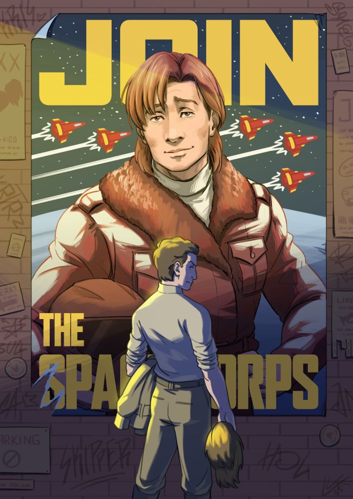 Colored illustration. On a messy wall is a large recruitment poster with Ace Rimmer on it and the slogan: "Join the Space Corps". In front of it stands Rimmer in Ace's outfit but with the jacker slung over his forearm and holding a wig in his other hand. He is half hid in shadow, looking at the viewer over his shoulder with disdain. 